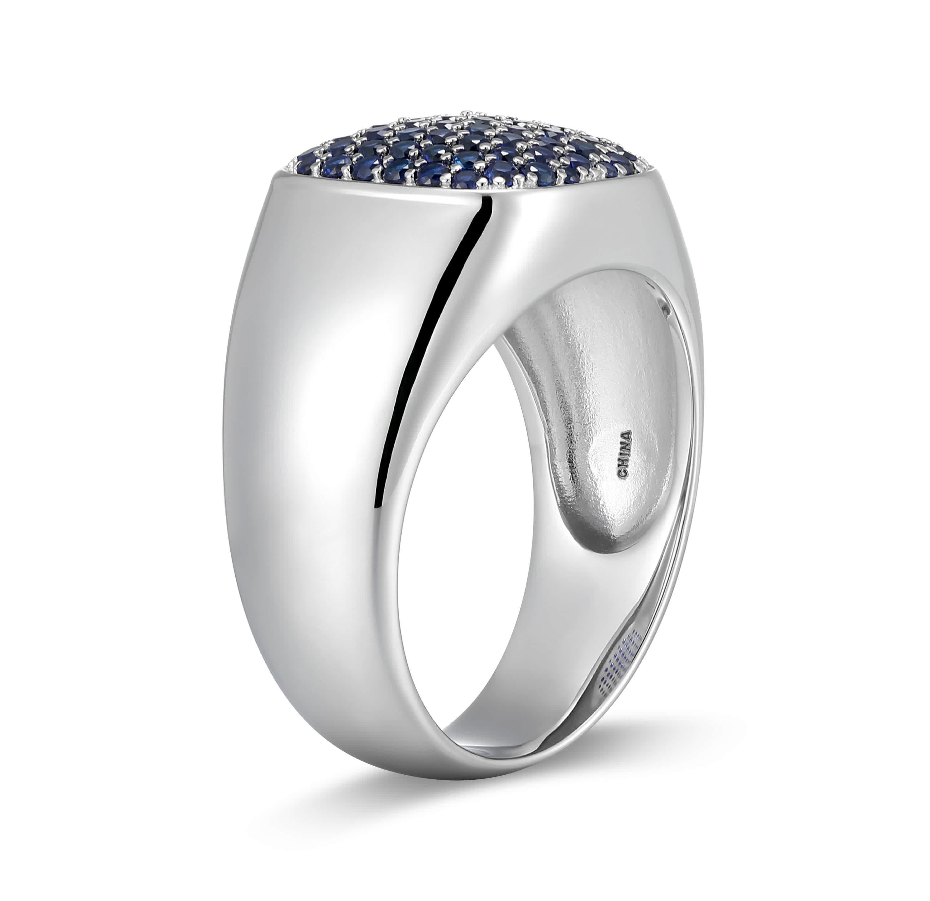 Rhodium Plated Sterling Silver Mens Created Sapphire Ring