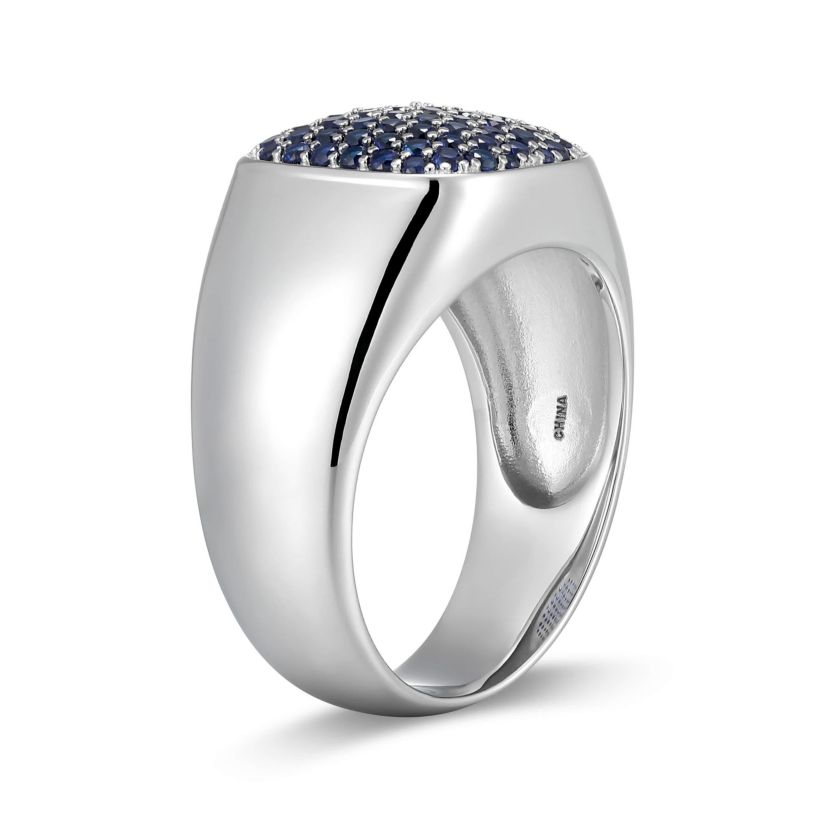 Rhodium Plated Sterling Silver Mens Created Sapphire Ring