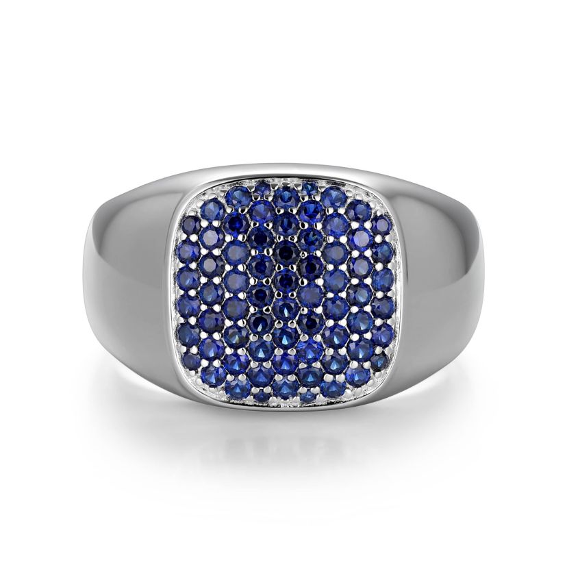 Rhodium Plated Sterling Silver Mens Created Sapphire Ring