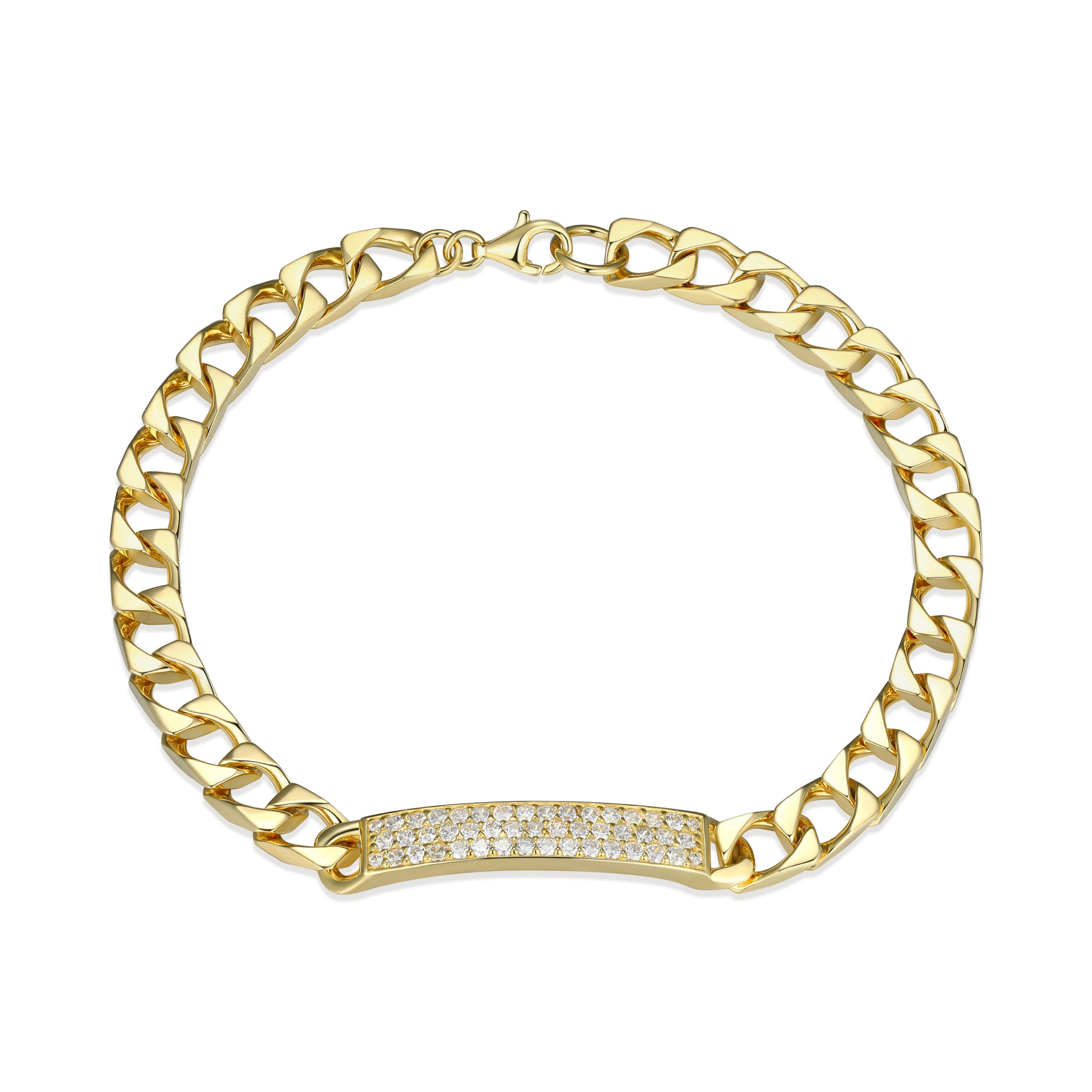 18K Yellow Gold or Rhodium Plated Sterling Silver Mens Cubic Zirconia Bracelet