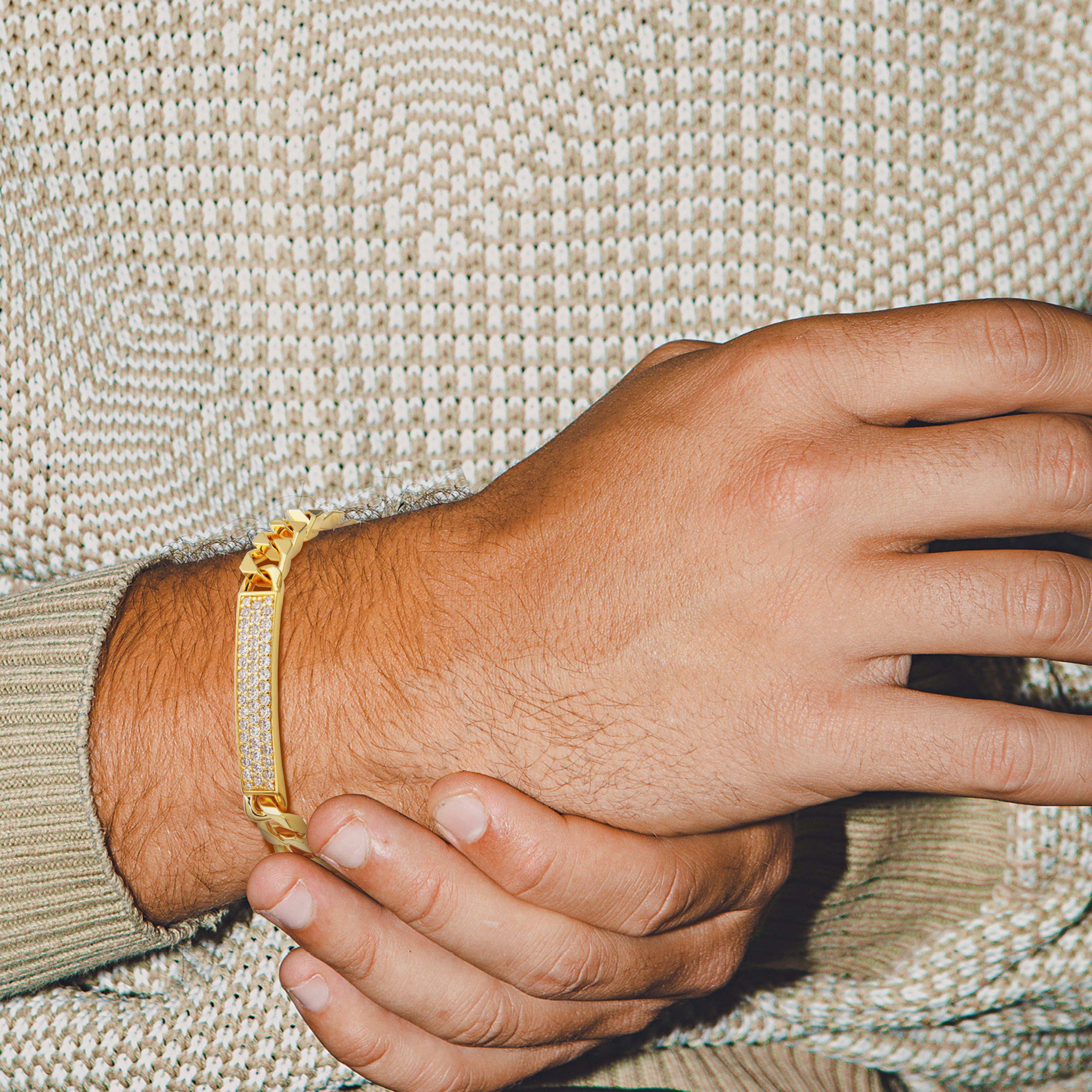 18K Yellow Gold or Rhodium Plated Sterling Silver Mens Cubic Zirconia Bracelet