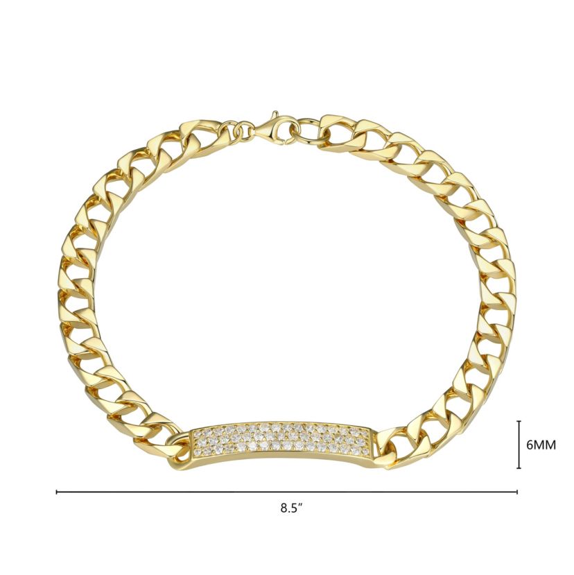 18K Yellow Gold or Rhodium Plated Sterling Silver Mens Cubic Zirconia Bracelet