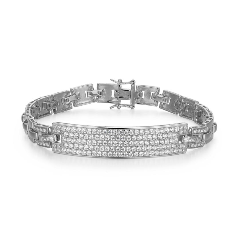 18K Yellow Gold or Rhodium Plated Sterling Silver Mens Cubic Zirconia Bracelet