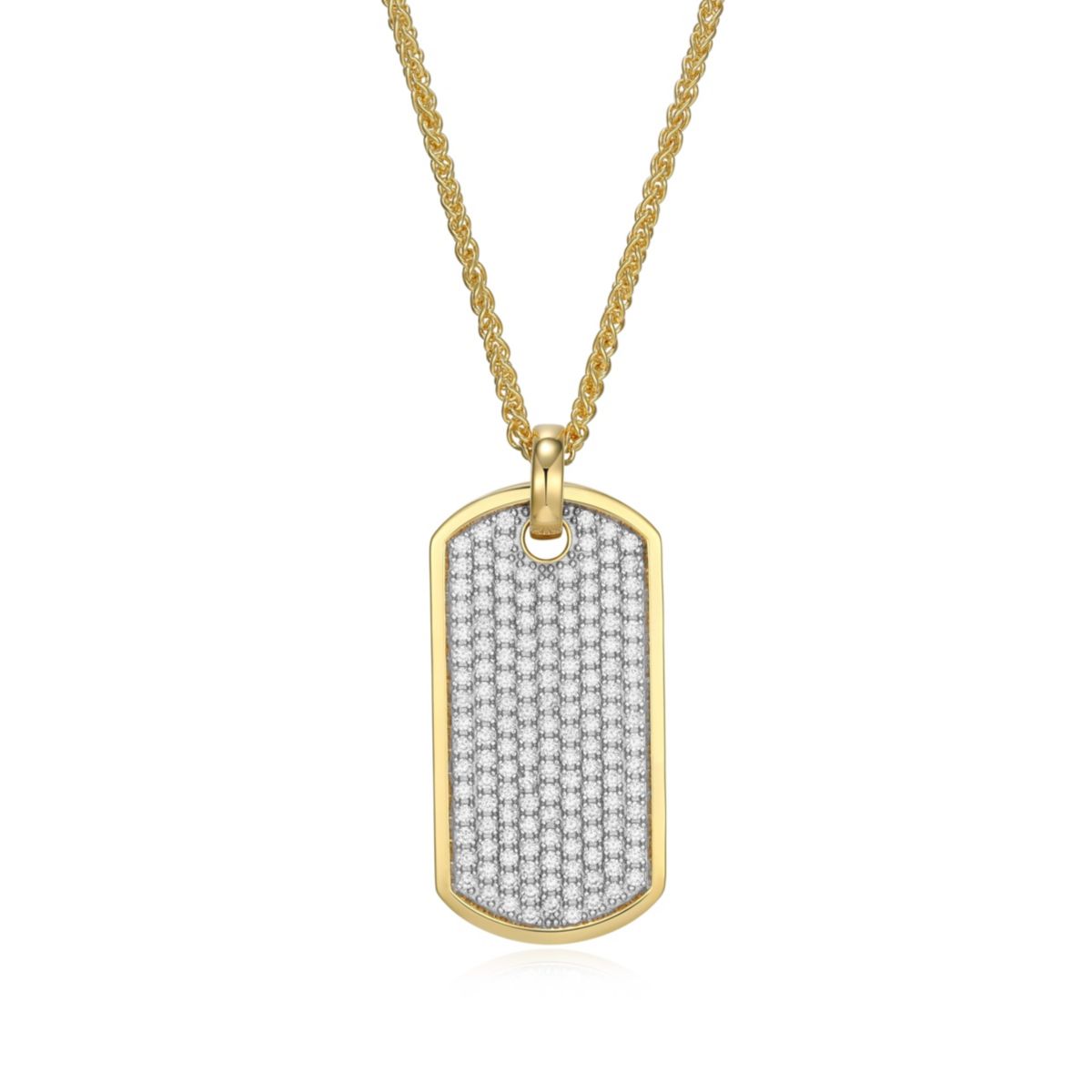 18K Yellow Gold or Rhodium Plated Sterling Silver Mens Cubic Zirconia Dog Tag Pendant Necklace