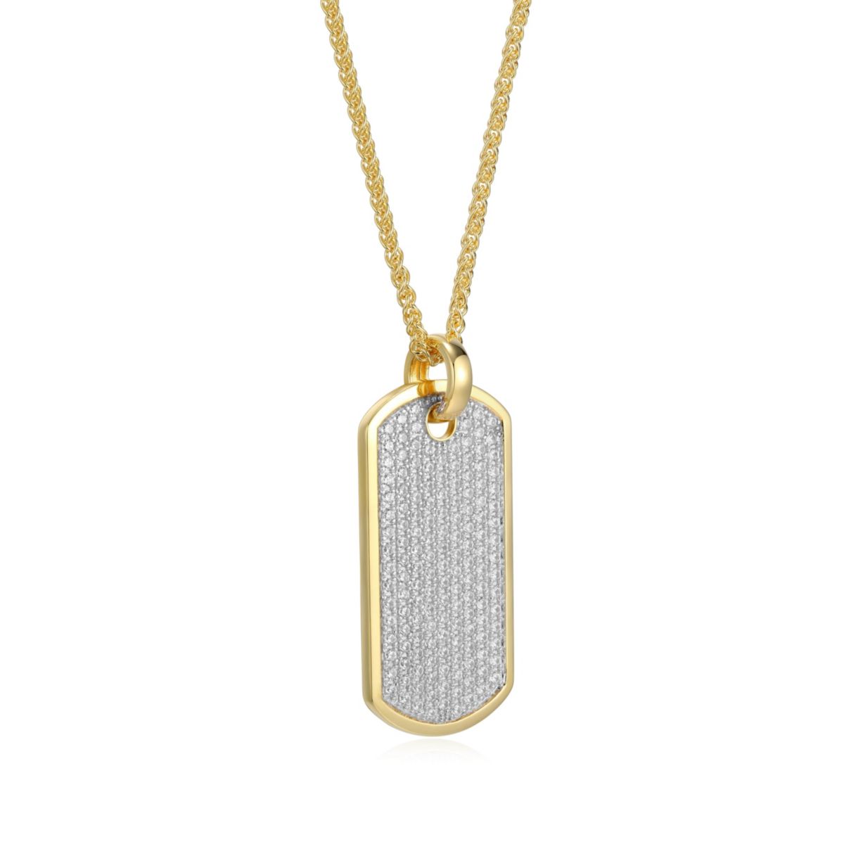 18K Yellow Gold or Rhodium Plated Sterling Silver Mens Cubic Zirconia Dog Tag Pendant Necklace