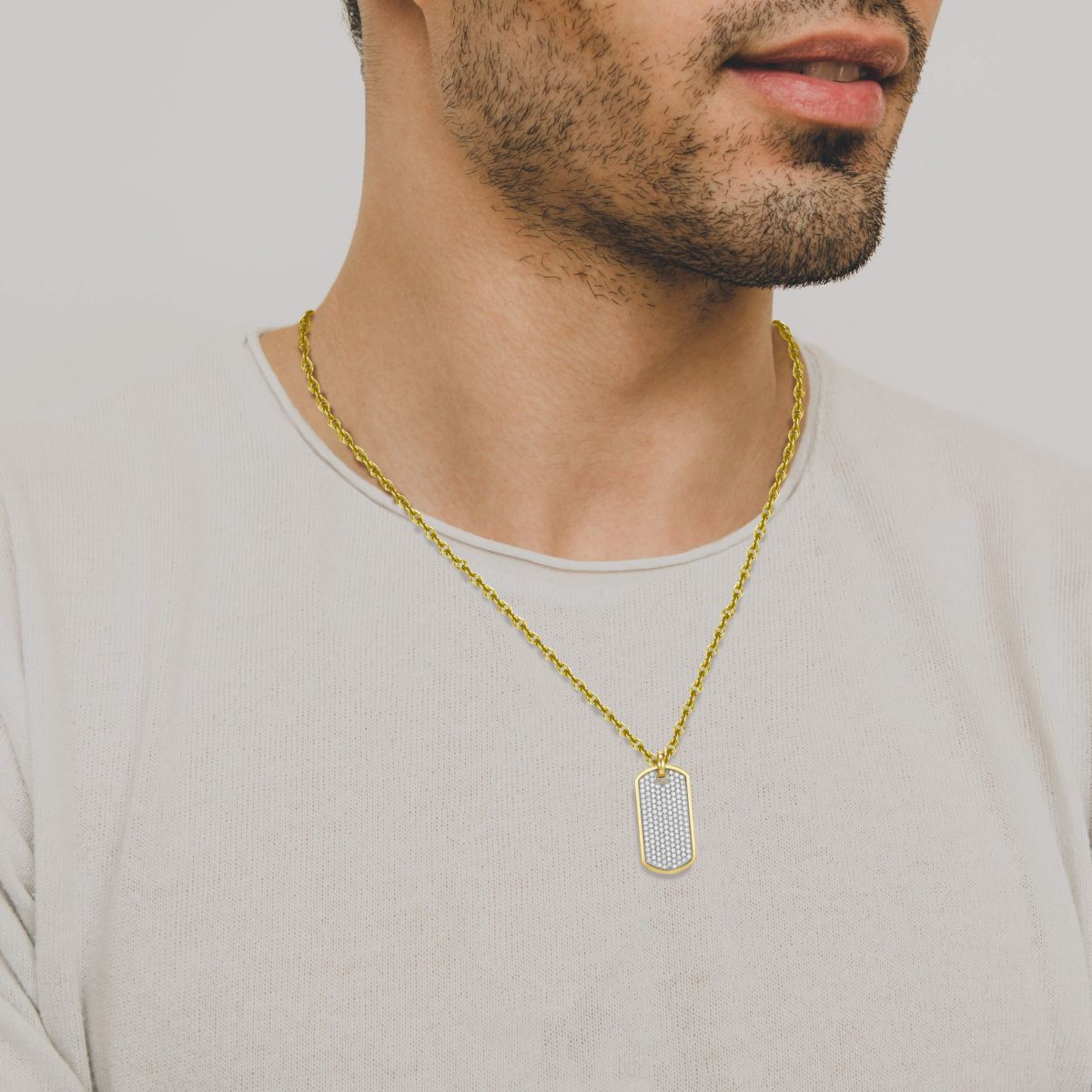 18K Yellow Gold or Rhodium Plated Sterling Silver Mens Cubic Zirconia Dog Tag Pendant Necklace