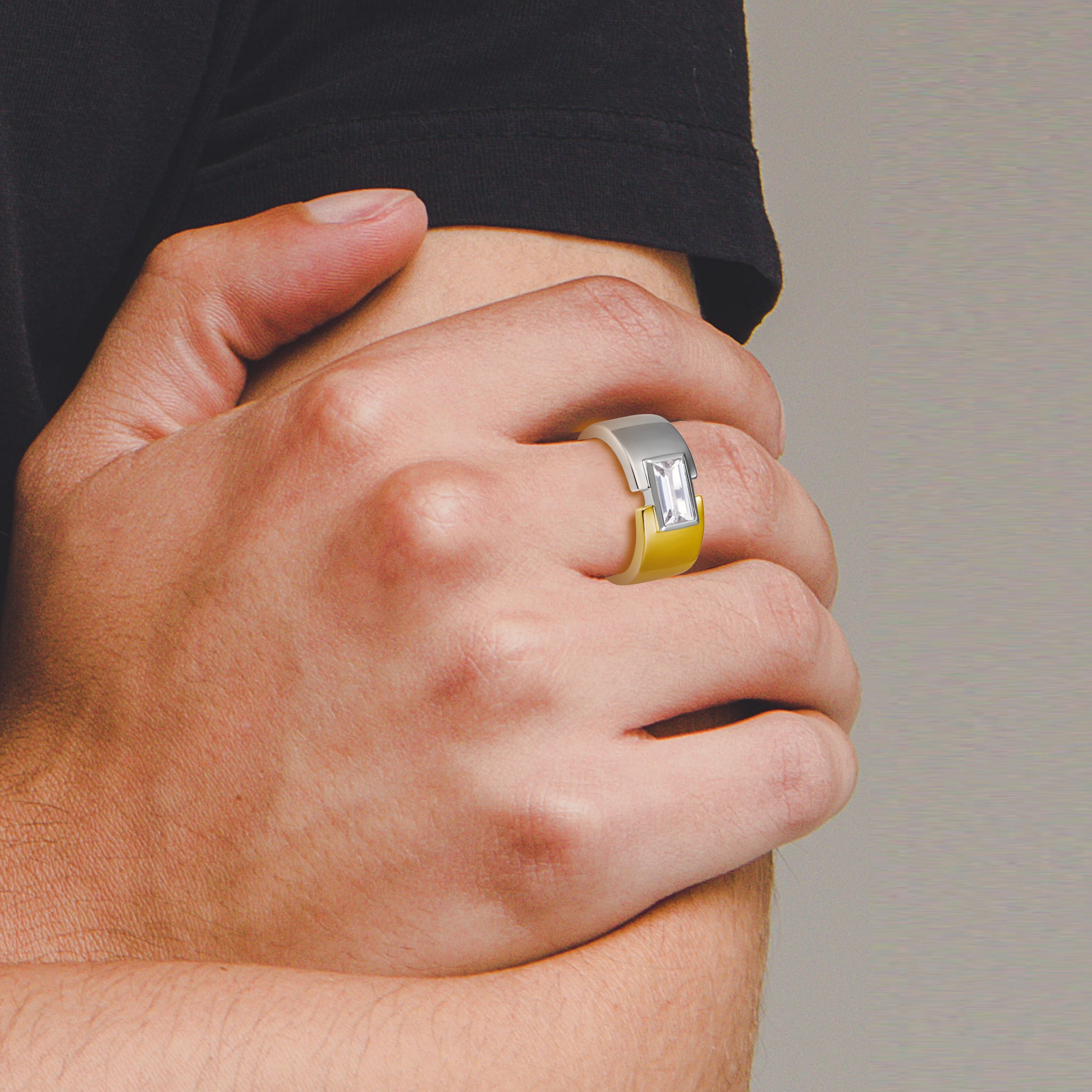18K Yellow Gold and Rhodium Plated Sterling Silver Two-tone Mens Created White Sapphire Ring