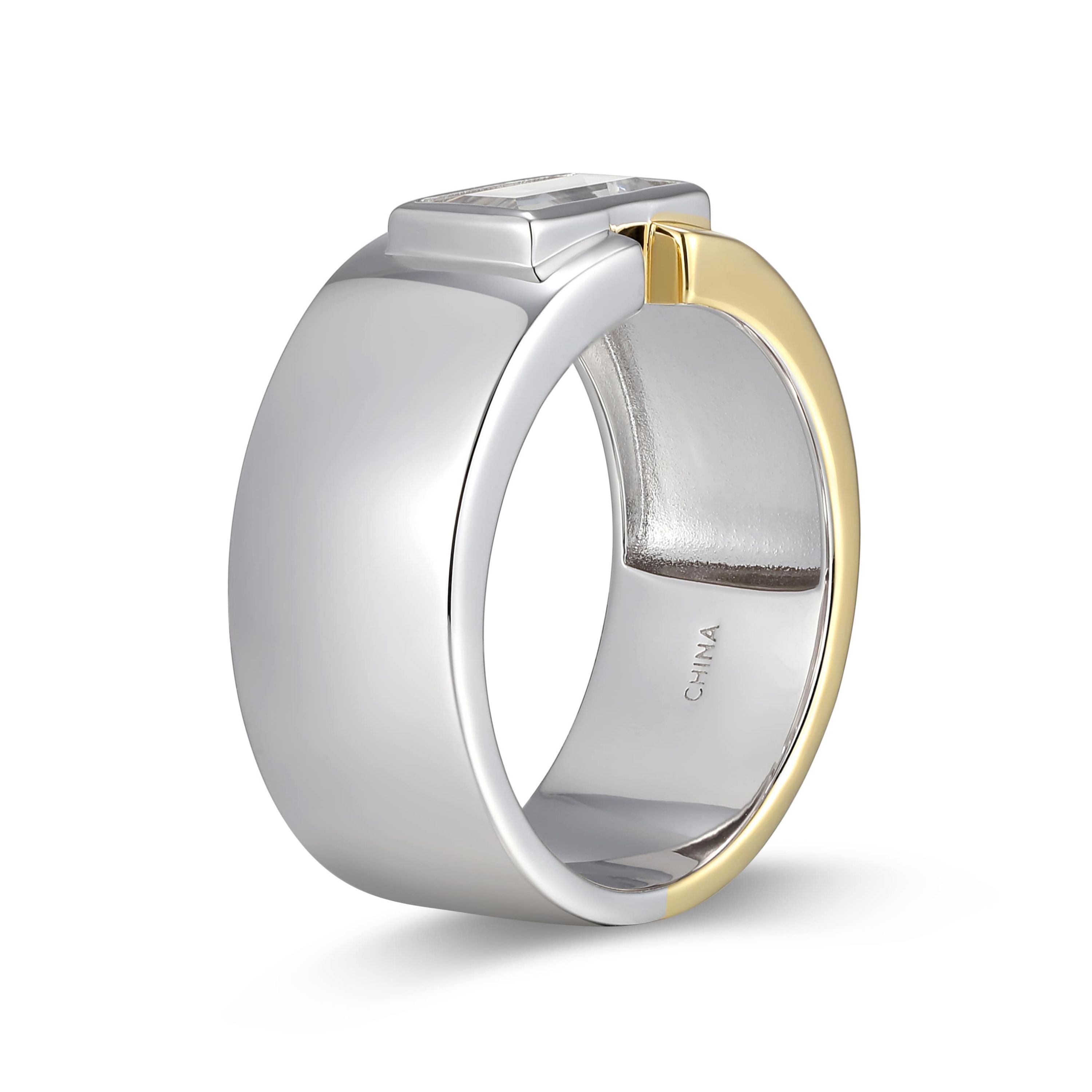 18K Yellow Gold and Rhodium Plated Sterling Silver Two-tone Mens Created White Sapphire Ring