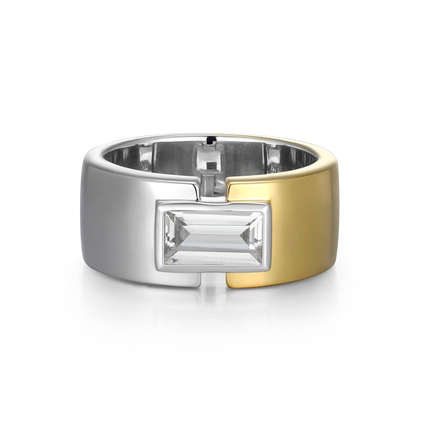18K Yellow Gold and Rhodium Plated Sterling Silver Two-tone Mens Created White Sapphire Ring