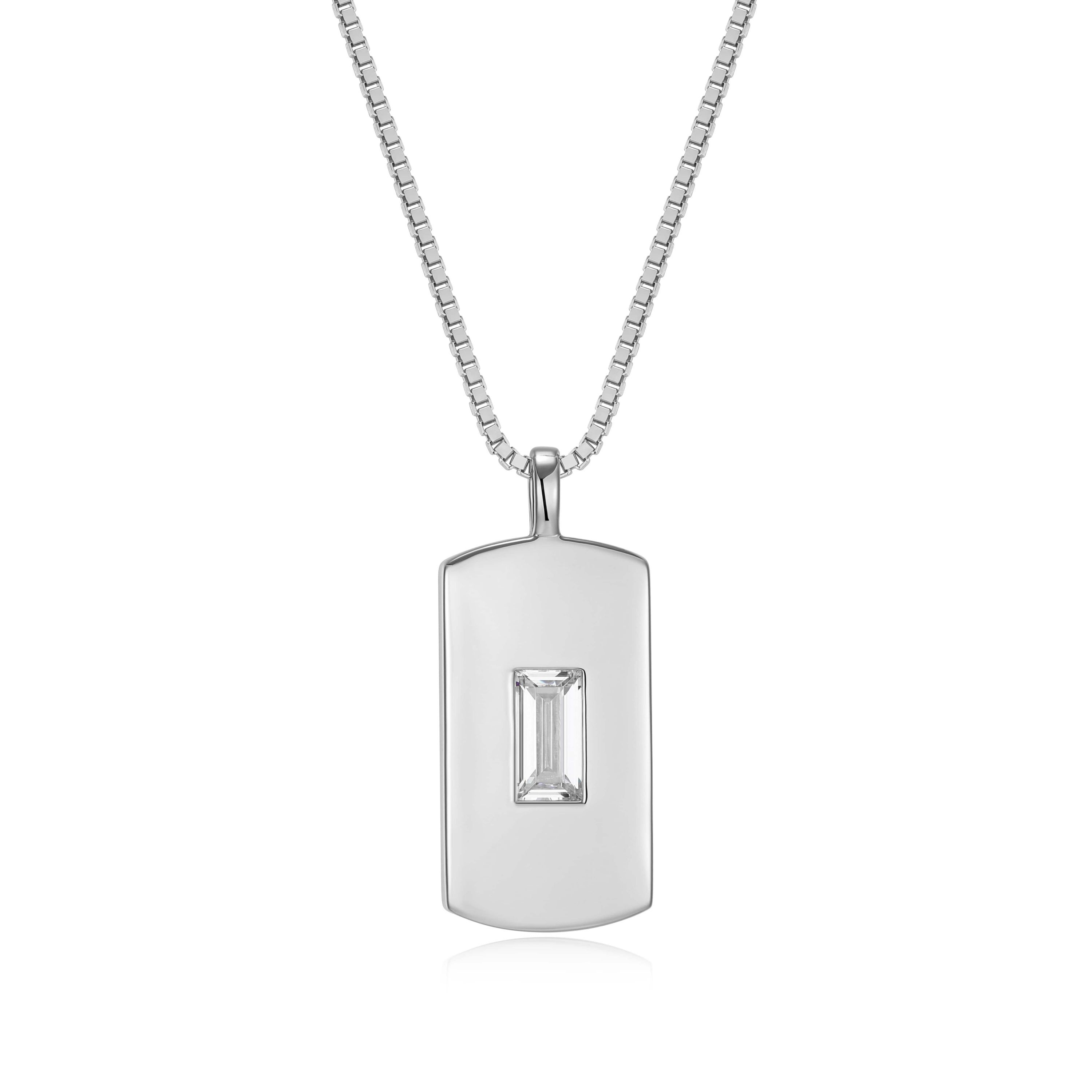 18K Yellow Gold or Rhodium Plated Sterling Silver Mens Cubic Zirconia Dog Tag Pendant Necklace