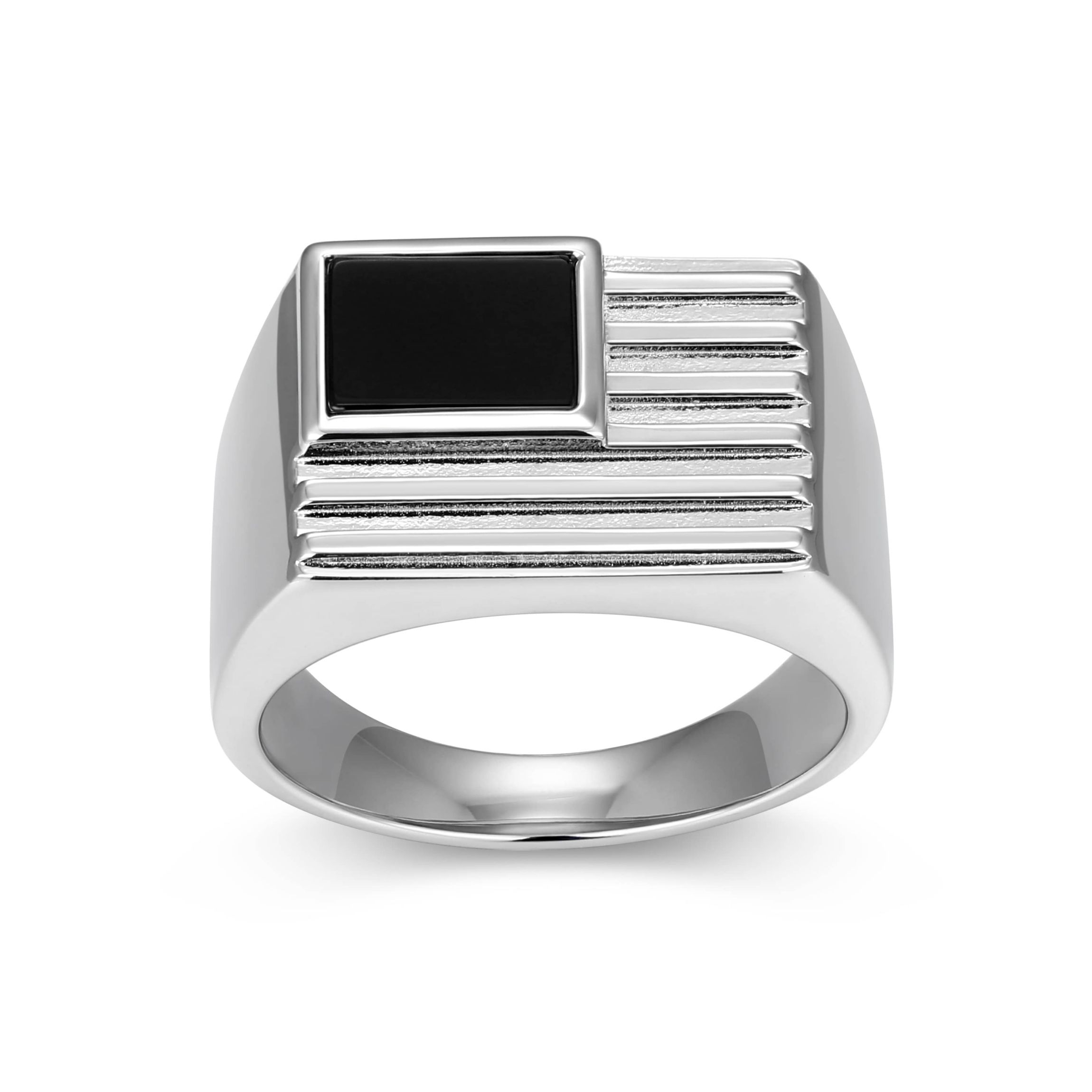 Rhodium Plated Sterling Silver Mens Genuine Black Onyx Flag Ring