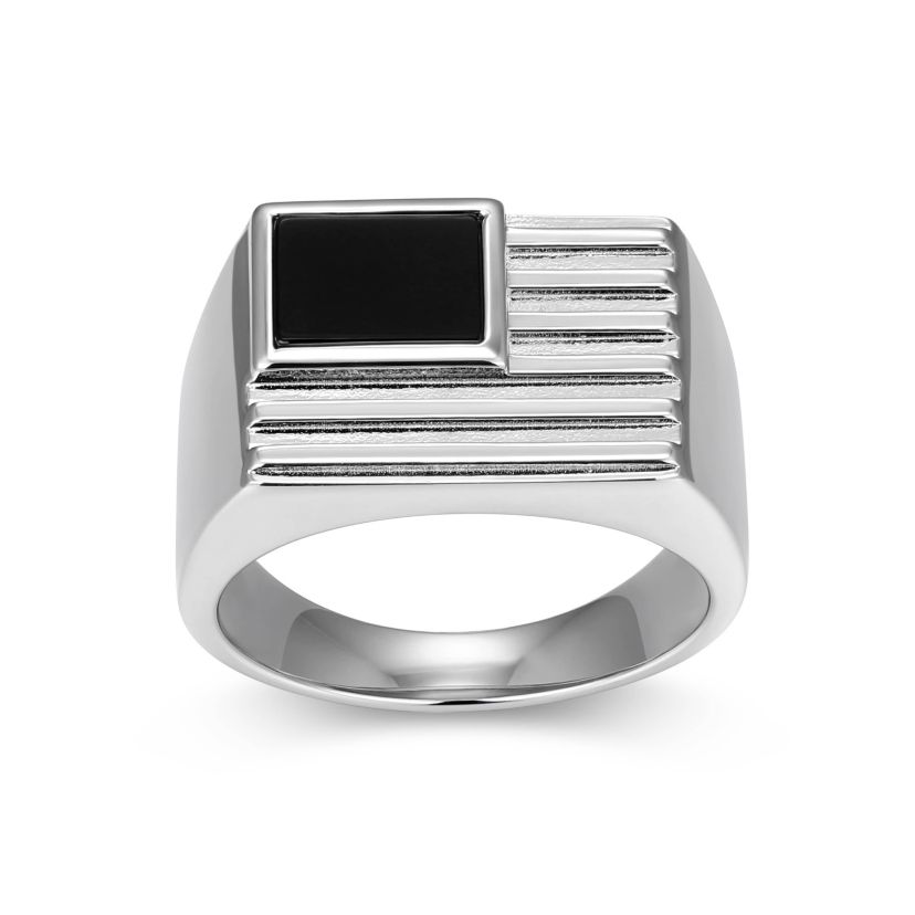 Rhodium Plated Sterling Silver Mens Genuine Black Onyx Flag Ring
