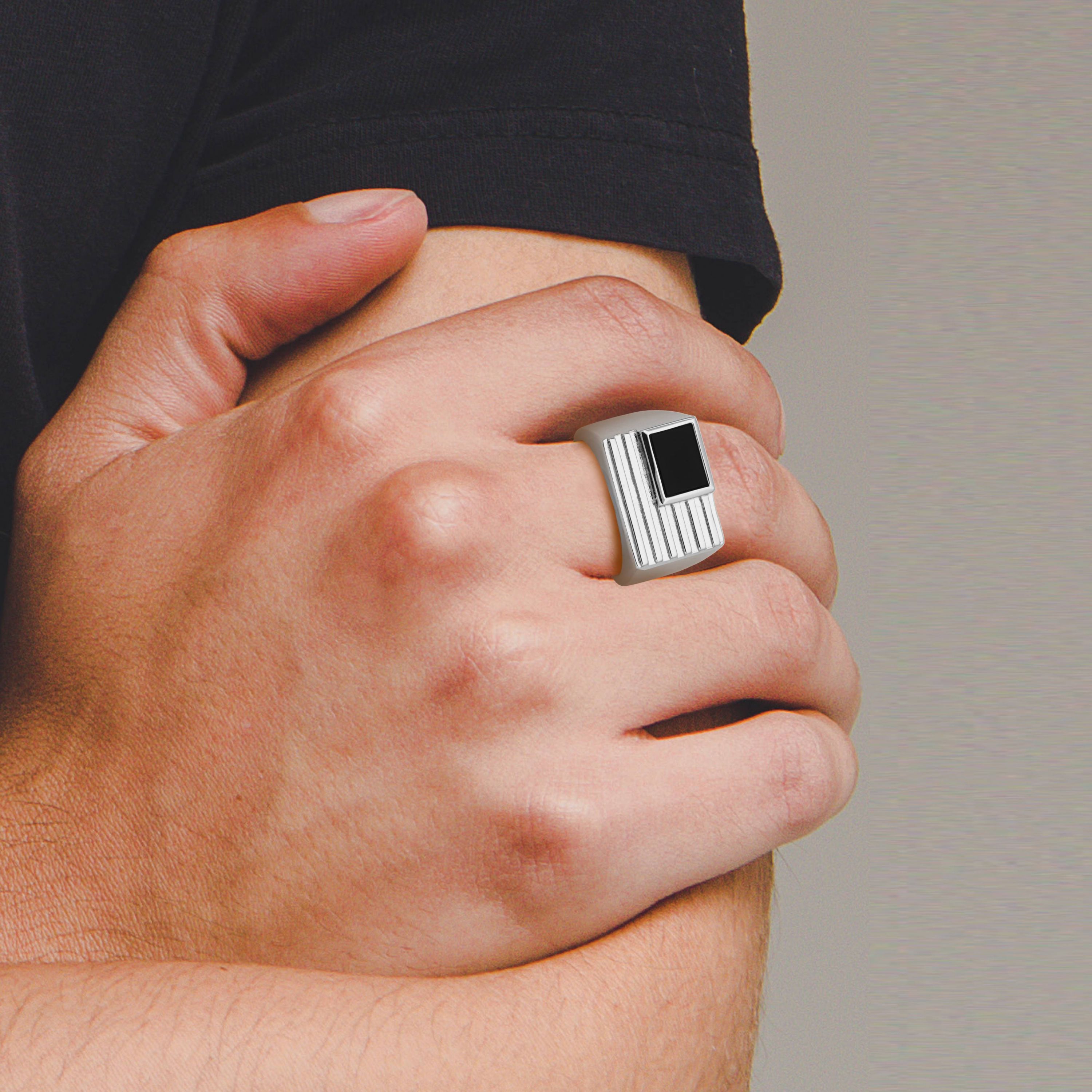 Rhodium Plated Sterling Silver Mens Genuine Black Onyx Flag Ring