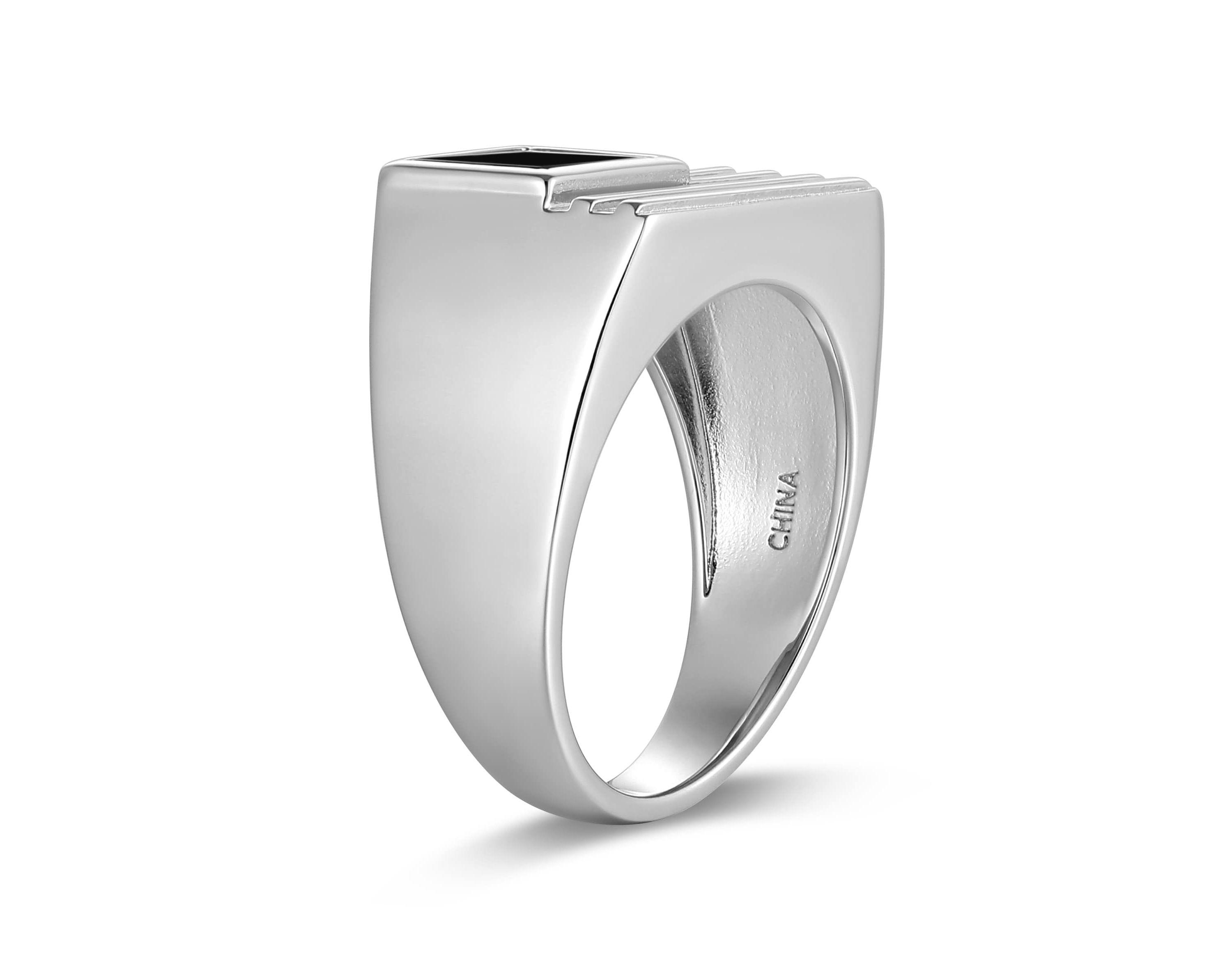 Rhodium Plated Sterling Silver Mens Genuine Black Onyx Flag Ring