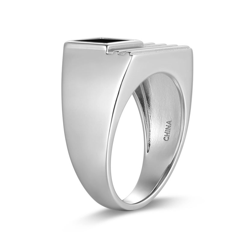 Rhodium Plated Sterling Silver Mens Genuine Black Onyx Flag Ring