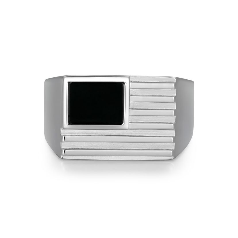 Rhodium Plated Sterling Silver Mens Genuine Black Onyx Flag Ring