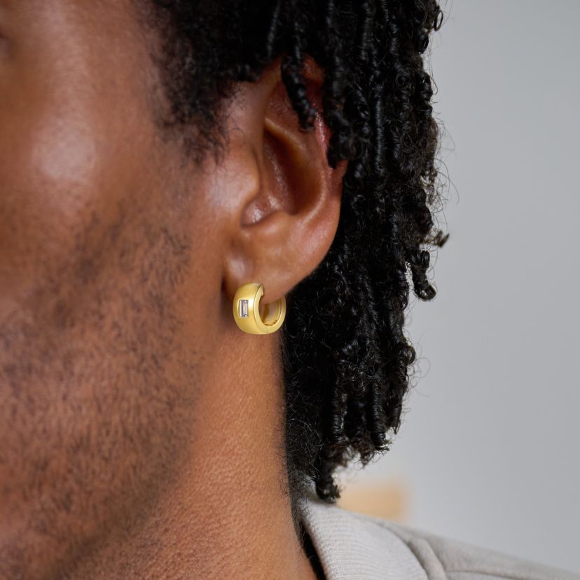 18K Yellow Gold or Rhodium Plated Sterling Silver Mens Cubic Zirconia Huggie Earrings