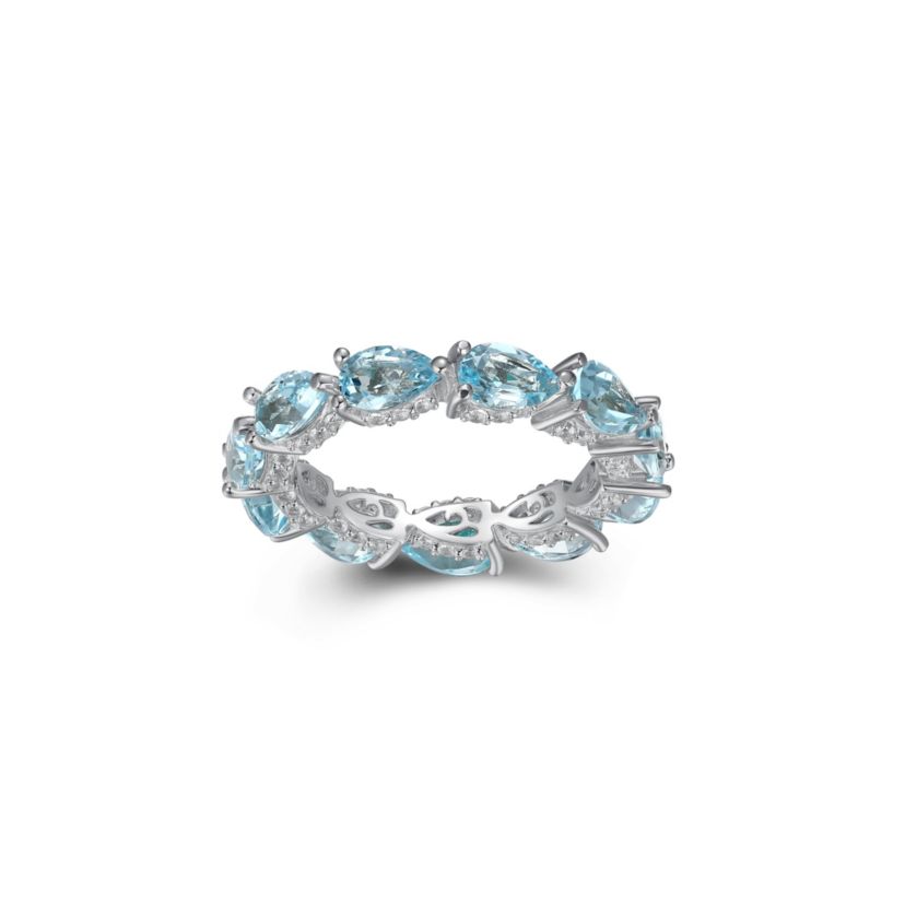 Rhodium Plated Sterling Silver Womens Genuine Blue Topaz and Created White Sapphire Eternity Ring