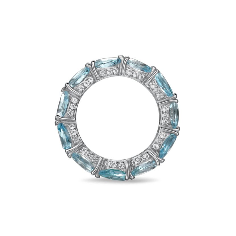 Rhodium Plated Sterling Silver Womens Genuine Blue Topaz and Created White Sapphire Eternity Ring