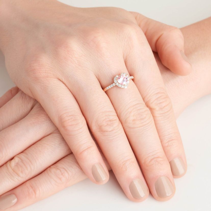 18K Rose Gold Plated Sterling Silver Womens Created Pink Sapphire and Lab Grown Diamond Halo Heart Ring
