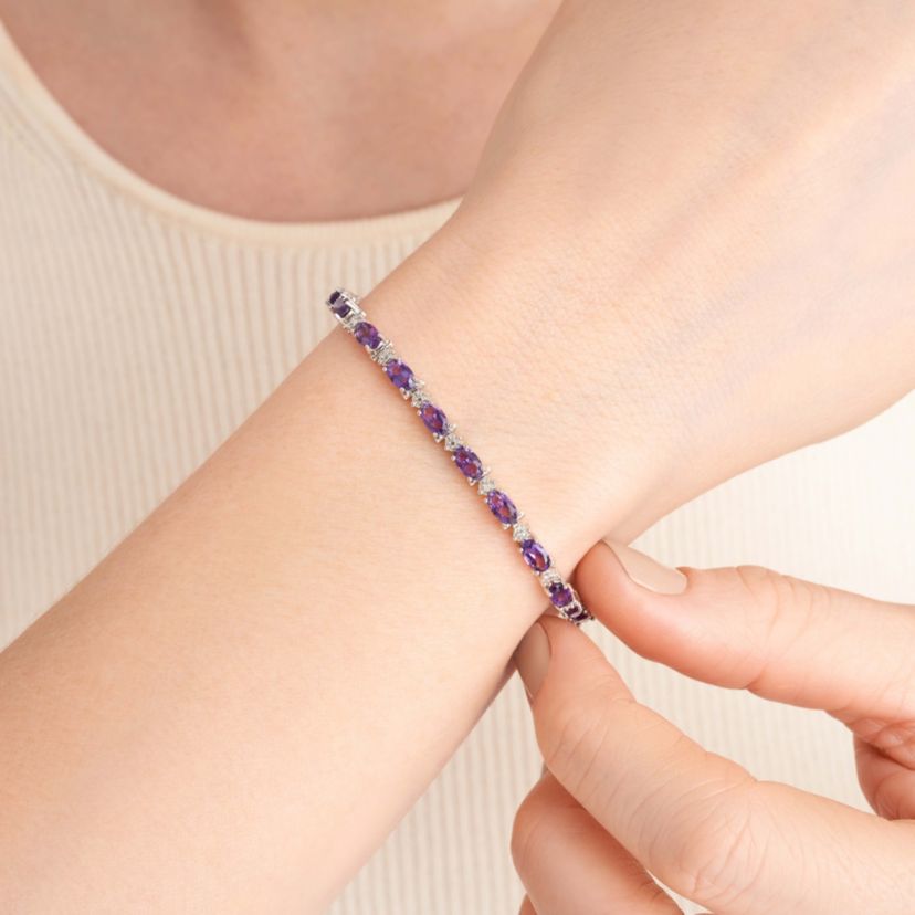 Rhodium Plated Sterling Silver Womens Genuine Birthstone with Diamond Accent Tennis Bracelet