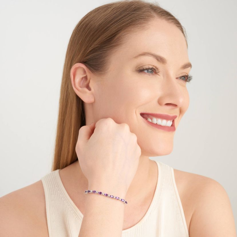 Rhodium Plated Sterling Silver Womens Genuine Birthstone with Diamond Accent Tennis Bracelet