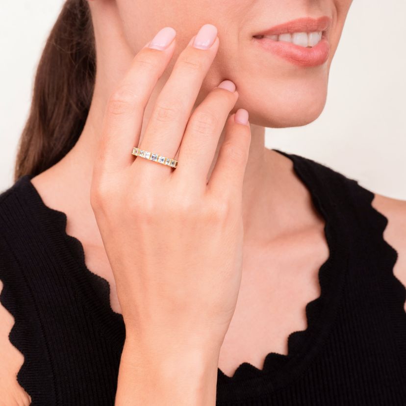 18K Yellow Gold Plated Sterling Silver Womens Genuine Blue Topaz or Genuine Citrine Gemstone Eternity Ring