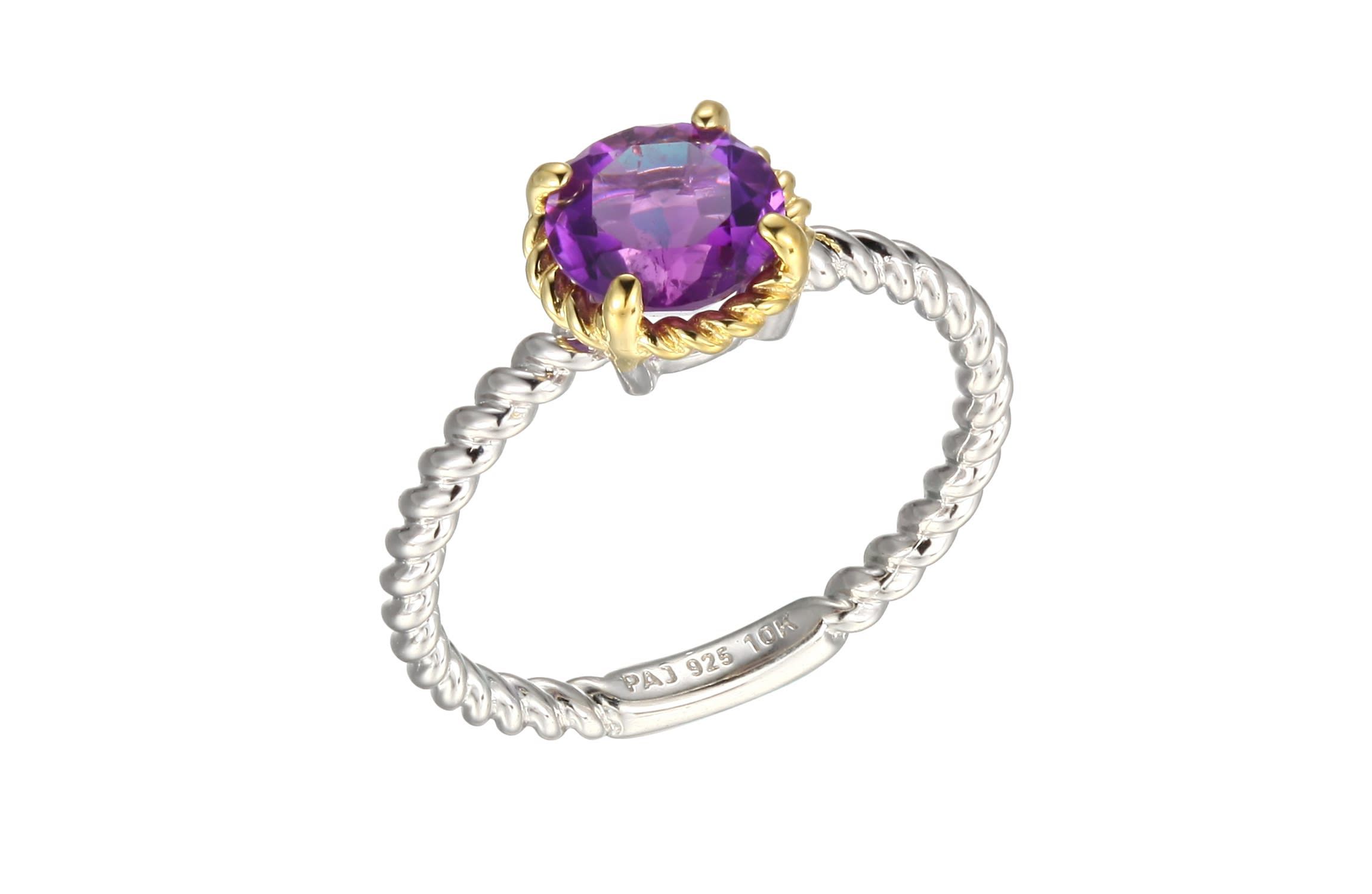 Genuine Amethyst Ring in Rhodium Plated Sterling Silver and 10K Gold