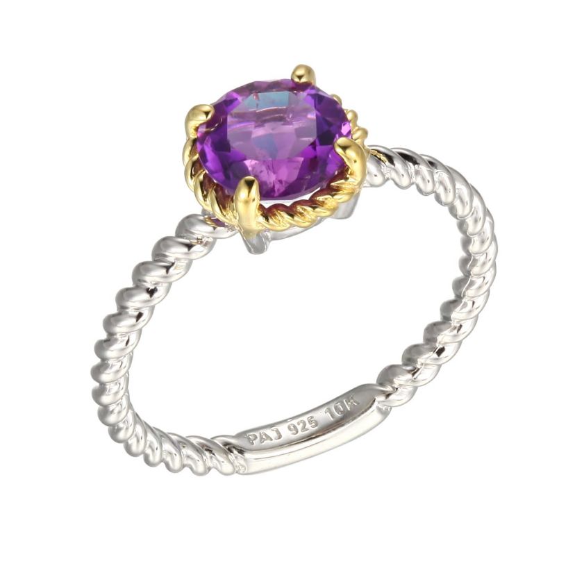 Genuine Amethyst Ring in Rhodium Plated Sterling Silver and 10K Gold