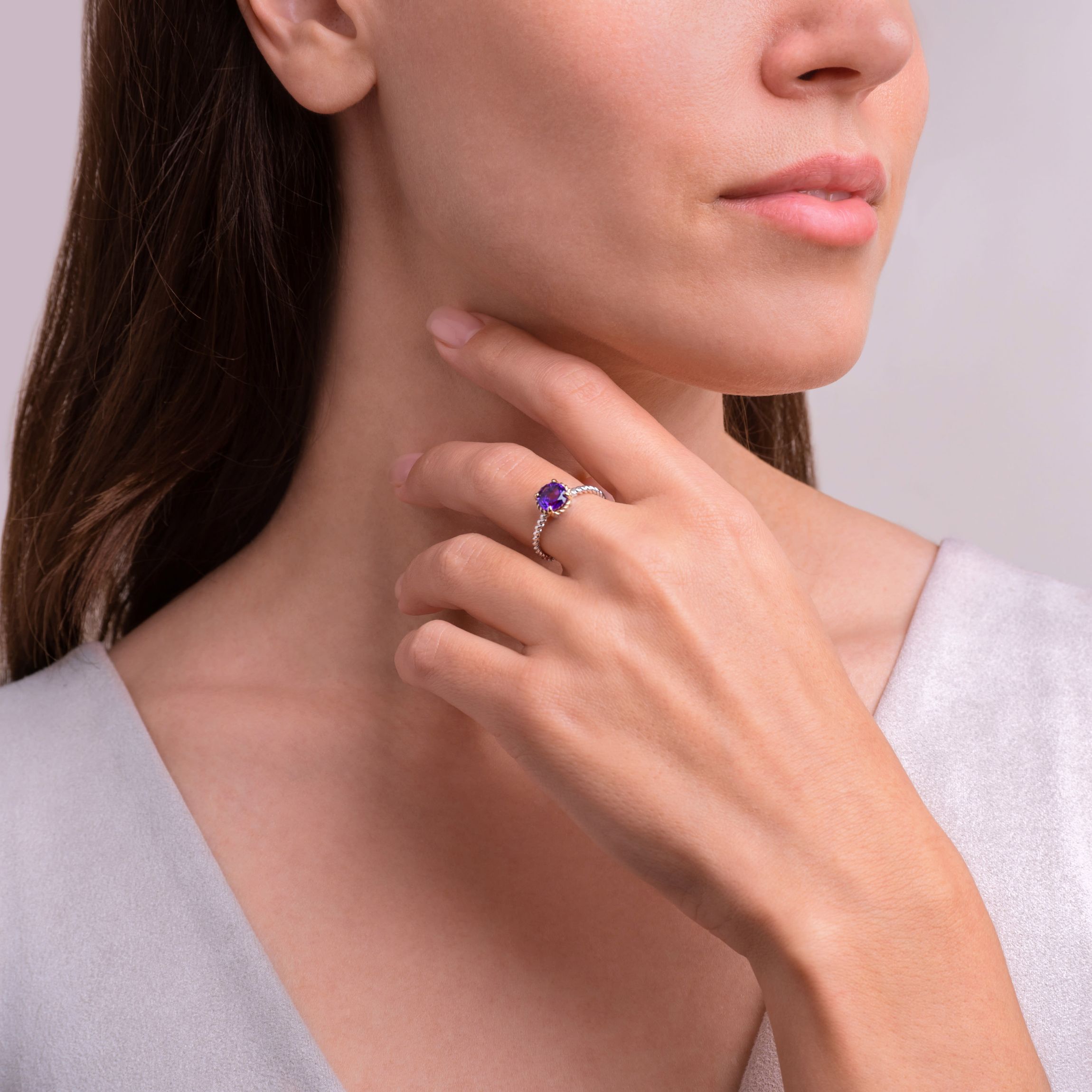 Genuine Amethyst Ring in Rhodium Plated Sterling Silver and 10K Gold