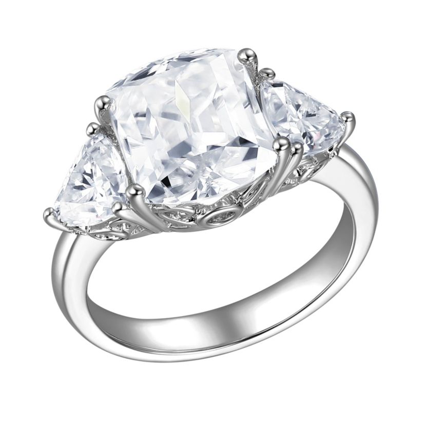 Rhodium Plated Sterling Silver Cushion Cut Moissanite Ring