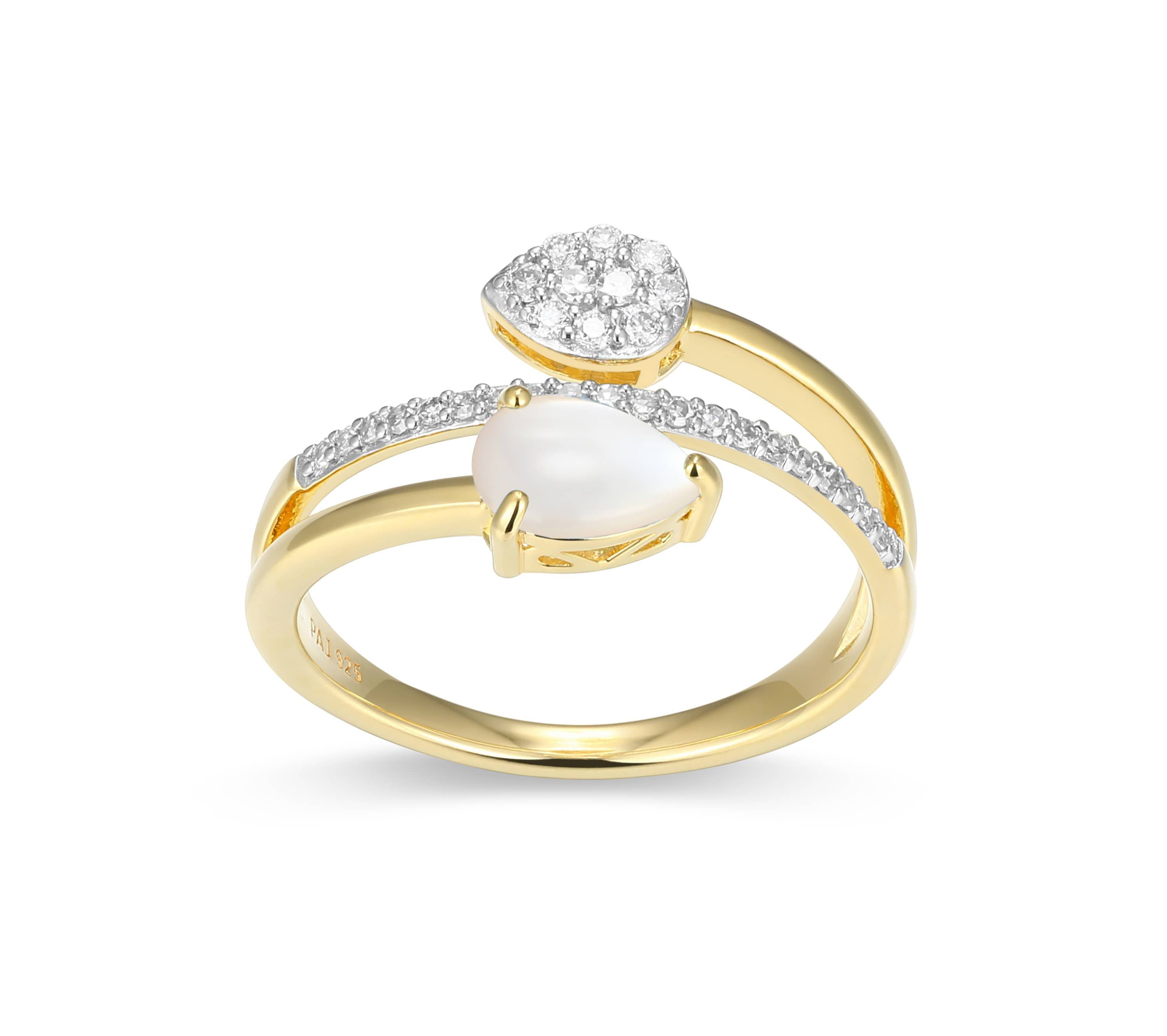 18k Gold Plated Silver 1/5 CTTW Lab Grown Diamond & Birthstone Gemstone Pear Bypass Ring