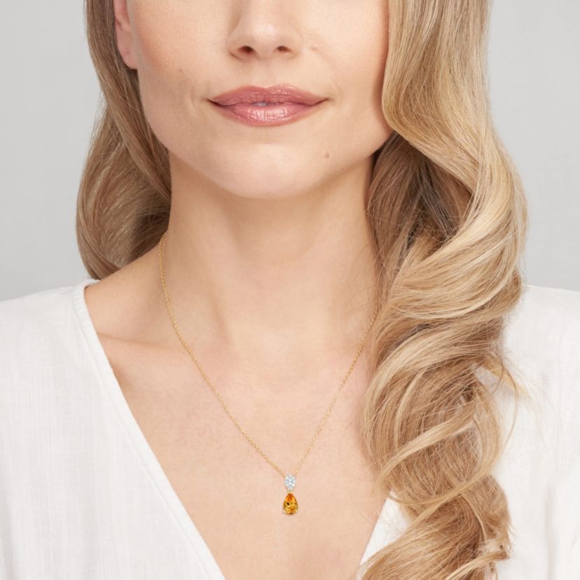 18k Gold Plated Silver 1/10 CTTW Lab Grown Diamond & Birthstone Gemstone Pear Pendant Necklace