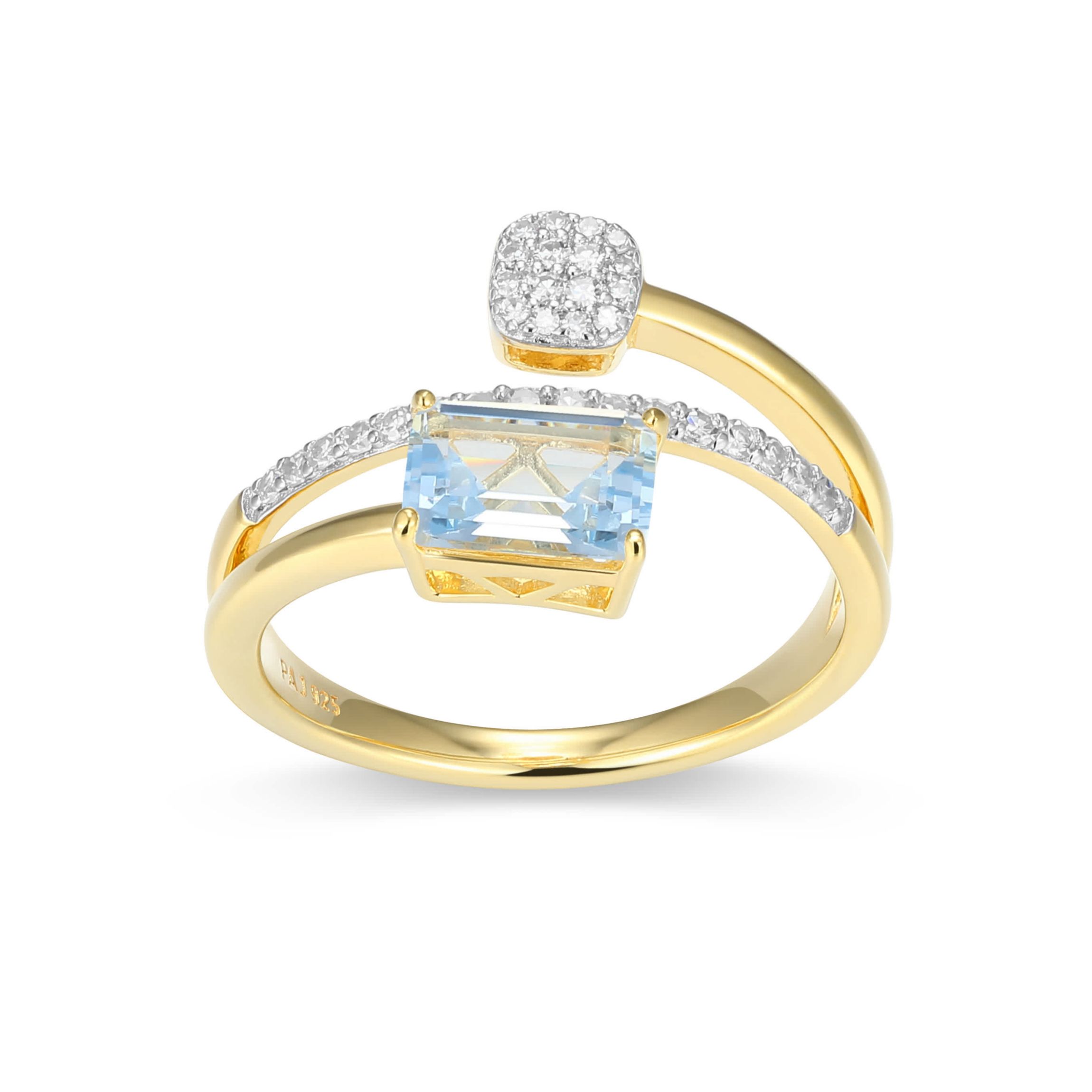 18k Gold Plated Silver 1/5 CTTW Lab-Grown Diamond & Birthstone Gemstone Emerald Cut Bypass Ring
