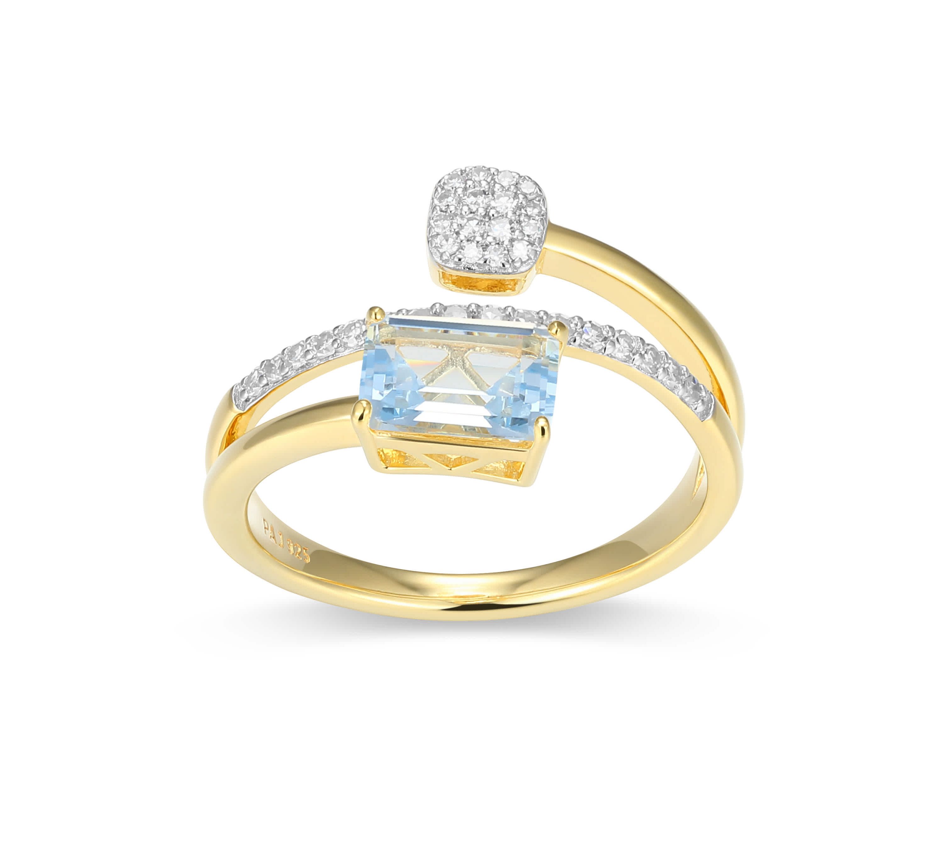 18k Gold Plated Silver 1/5 CTTW Lab-Grown Diamond & Birthstone Gemstone Emerald Cut Bypass Ring