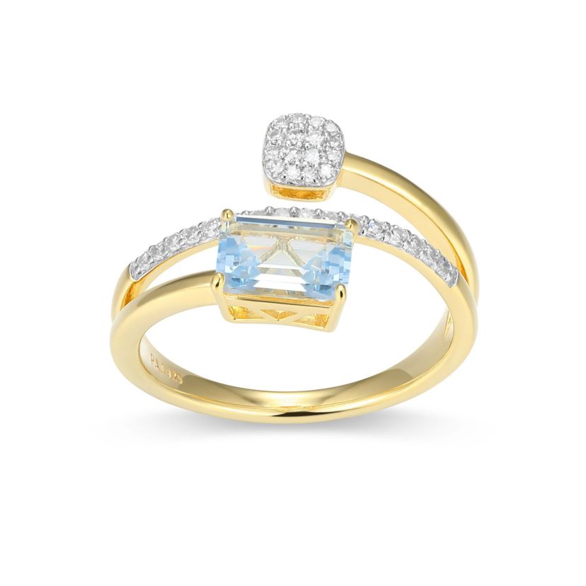 18k Gold Plated Silver 1/5 CTTW Lab-Grown Diamond & Birthstone Gemstone Emerald Cut Bypass Ring
