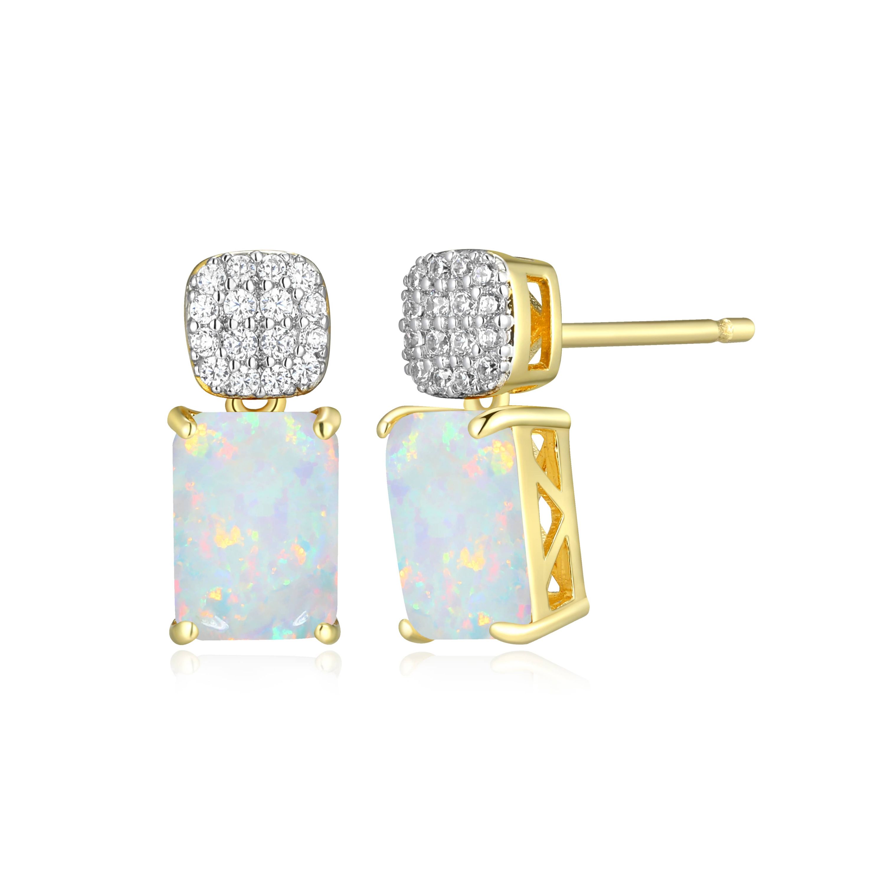 18k Gold Plated Silver 1/10 CTTW Lab Grown Diamond & Birthstone Gemstone Emerald Cut Earrings