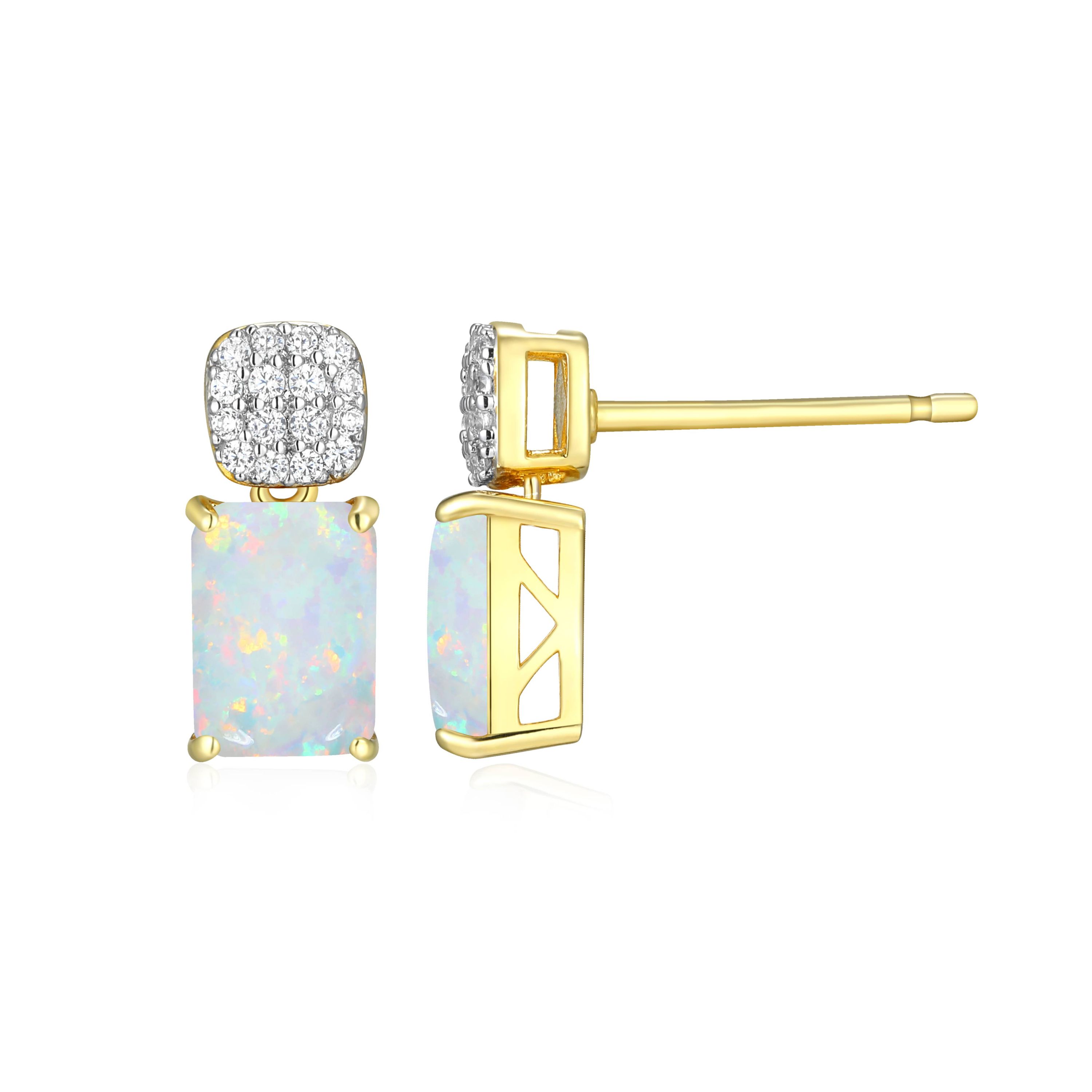 18k Gold Plated Silver 1/10 CTTW Lab Grown Diamond & Birthstone Gemstone Emerald Cut Earrings