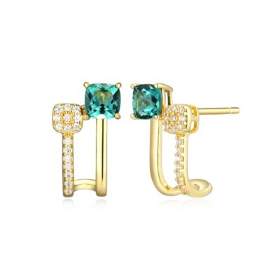 LuxLab 18K Yellow Gold Plated Sterling Silver Women's Created Gemstone and 1/10 CTTW Lab Grown Diamond Accent J-Hoop Earrings, Green