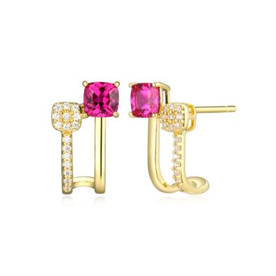 LuxLab 18K Yellow Gold Plated Sterling Silver Women's Created Gemstone and 1/10 CTTW Lab Grown Diamond Accent J-Hoop Earrings