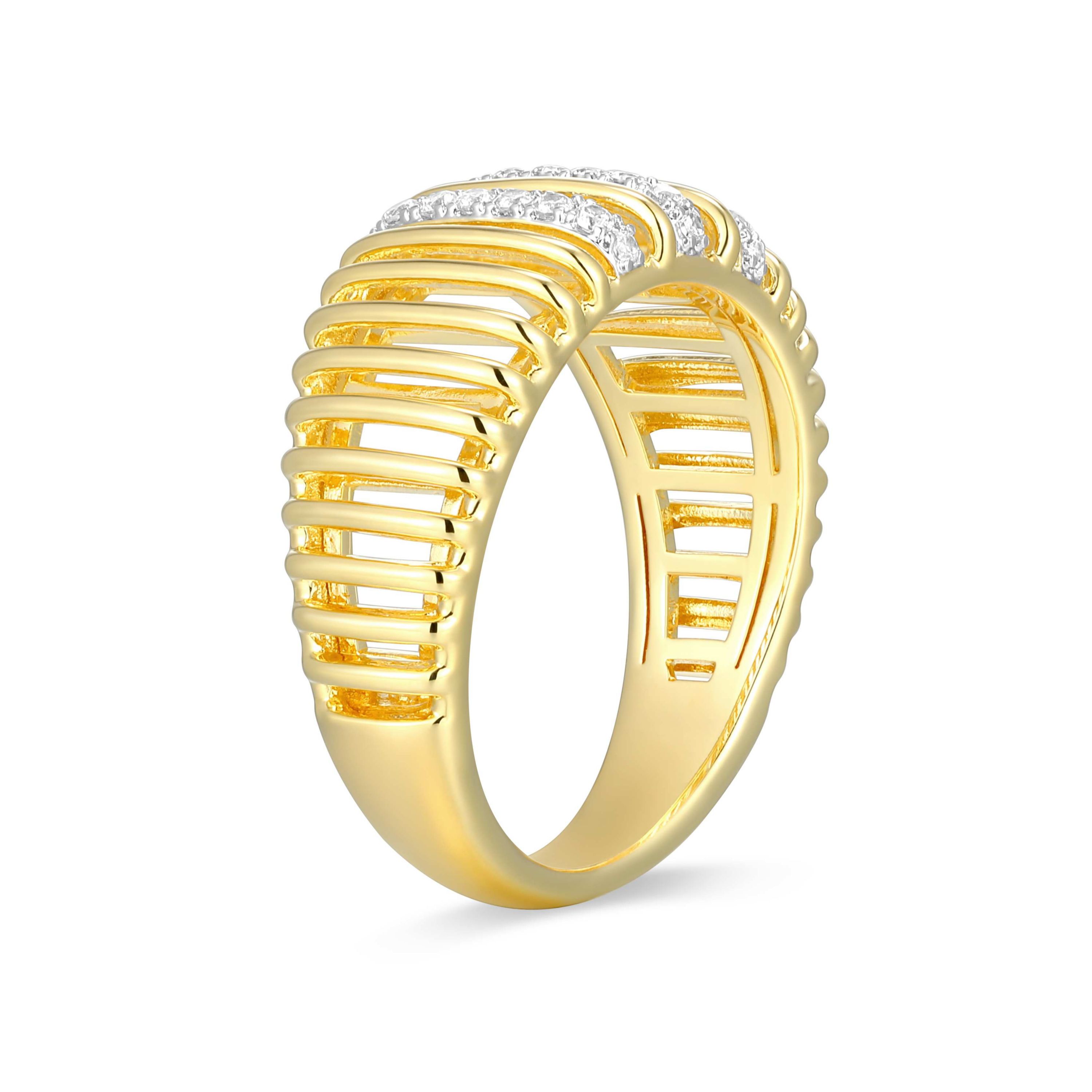 18K Yellow Gold Plated Sterling Silver Womens 1/5 CTTW Lab Grown Diamond Openwork Ribbed Ring