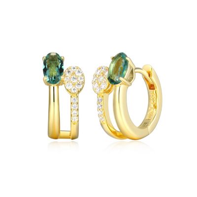 LuxLab 18K Yellow Gold Plated Sterling Silver Women's Created Gemstone and 1/10 CTTW Lab Grown Diamonds Hoop Earrings, Green