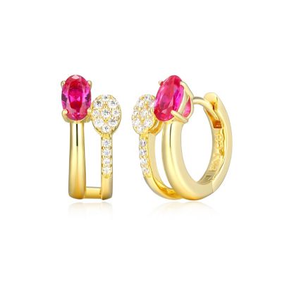 LuxLab 18K Yellow Gold Plated Sterling Silver Women's Created Gemstone and 1/10 CTTW Lab Grown Diamonds Hoop Earrings