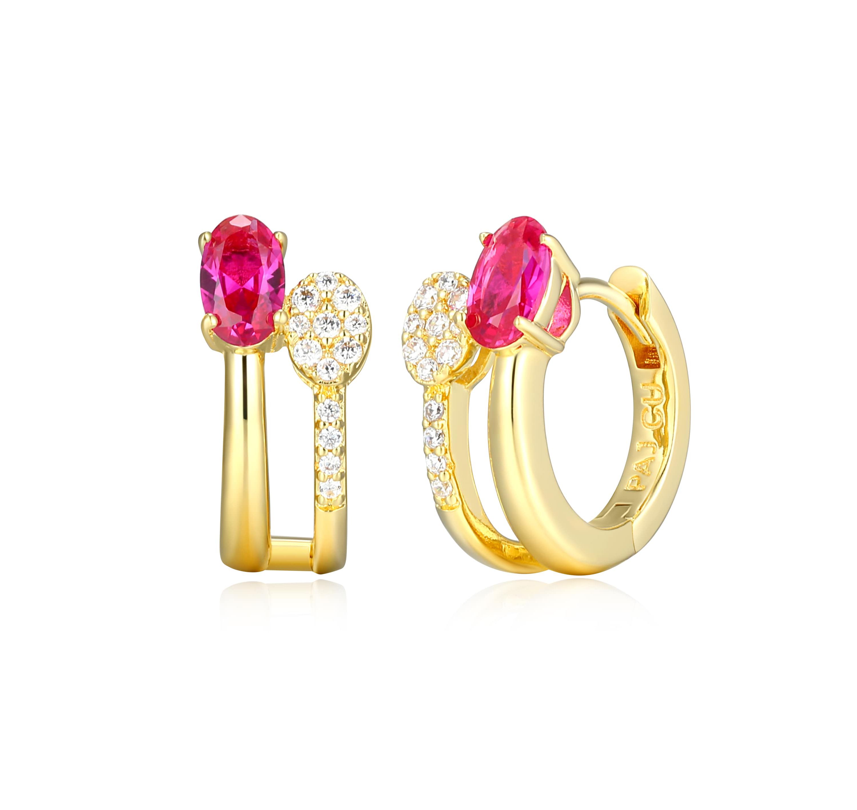 18K Yellow Gold Plated Sterling Silver Womens Created Gemstone and 1/10 CTTW Lab Grown Diamonds Hoop Earrings