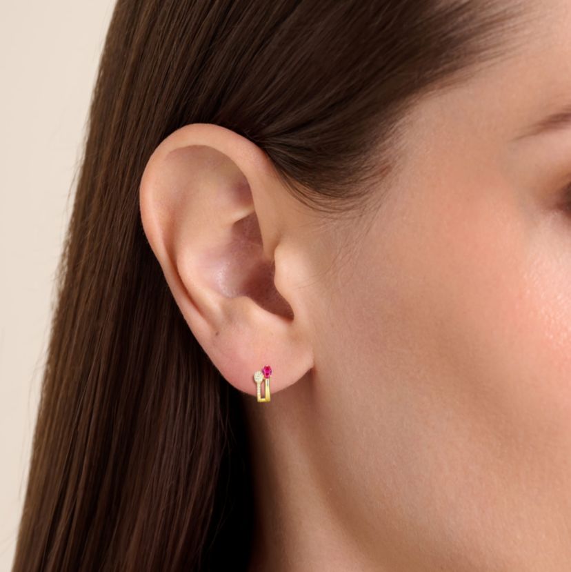 18K Yellow Gold Plated Sterling Silver Womens Created Gemstone and 1/10 CTTW Lab Grown Diamonds Hoop Earrings