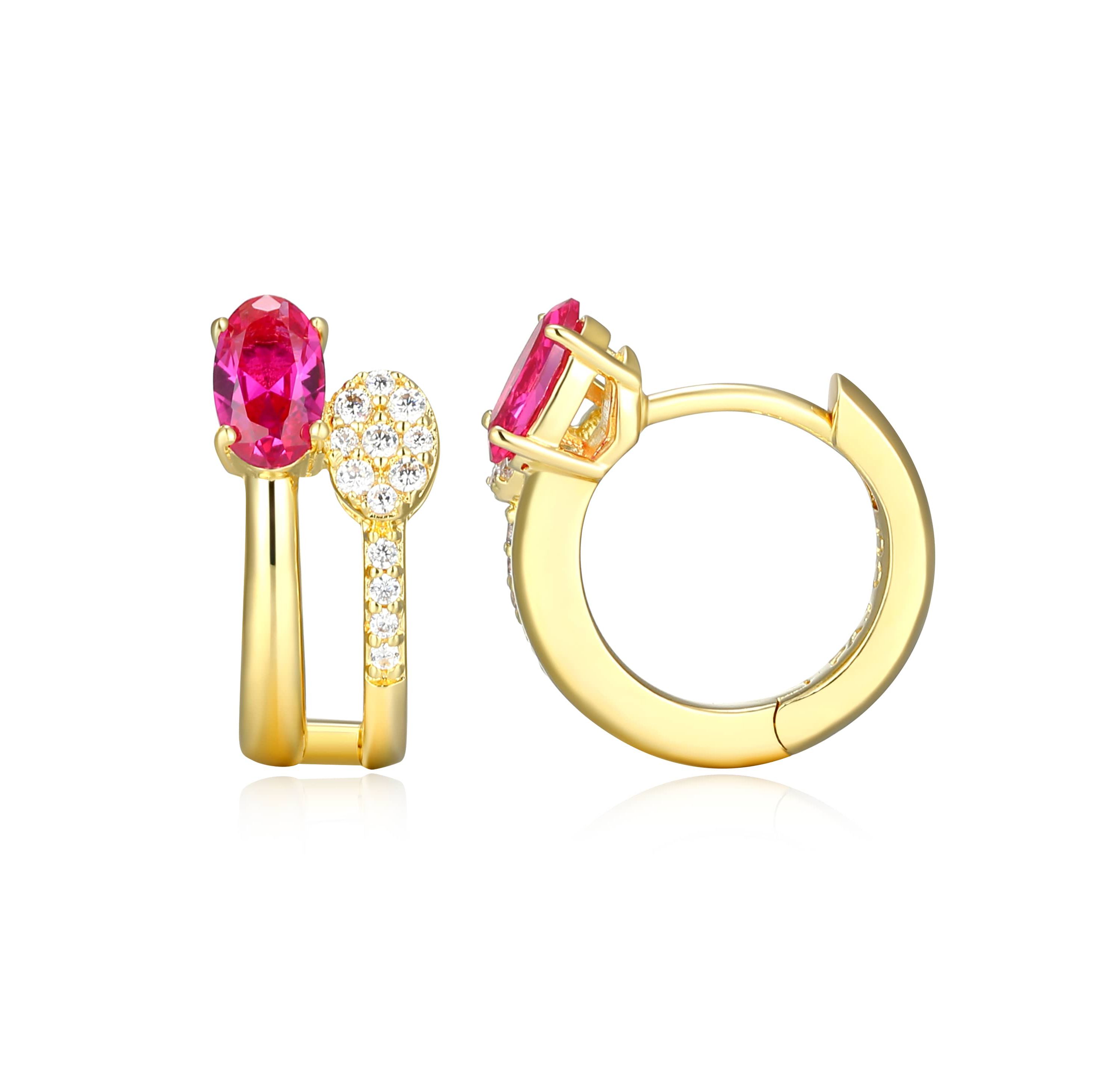 18K Yellow Gold Plated Sterling Silver Womens Created Gemstone and 1/10 CTTW Lab Grown Diamonds Hoop Earrings