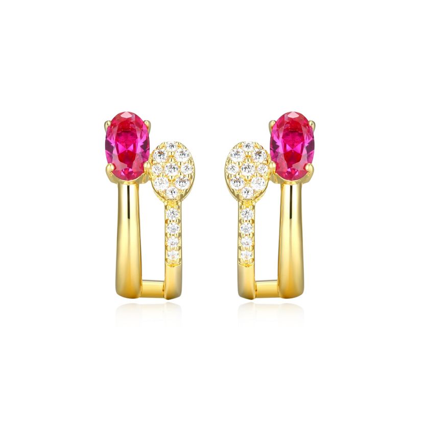 18K Yellow Gold Plated Sterling Silver Womens Created Gemstone and 1/10 CTTW Lab Grown Diamonds Hoop Earrings