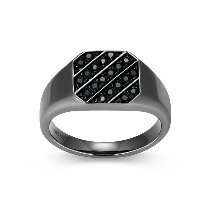 Gunmetal Plated Sterling Silver Mens Genuine Black Sapphire Inlay Ring