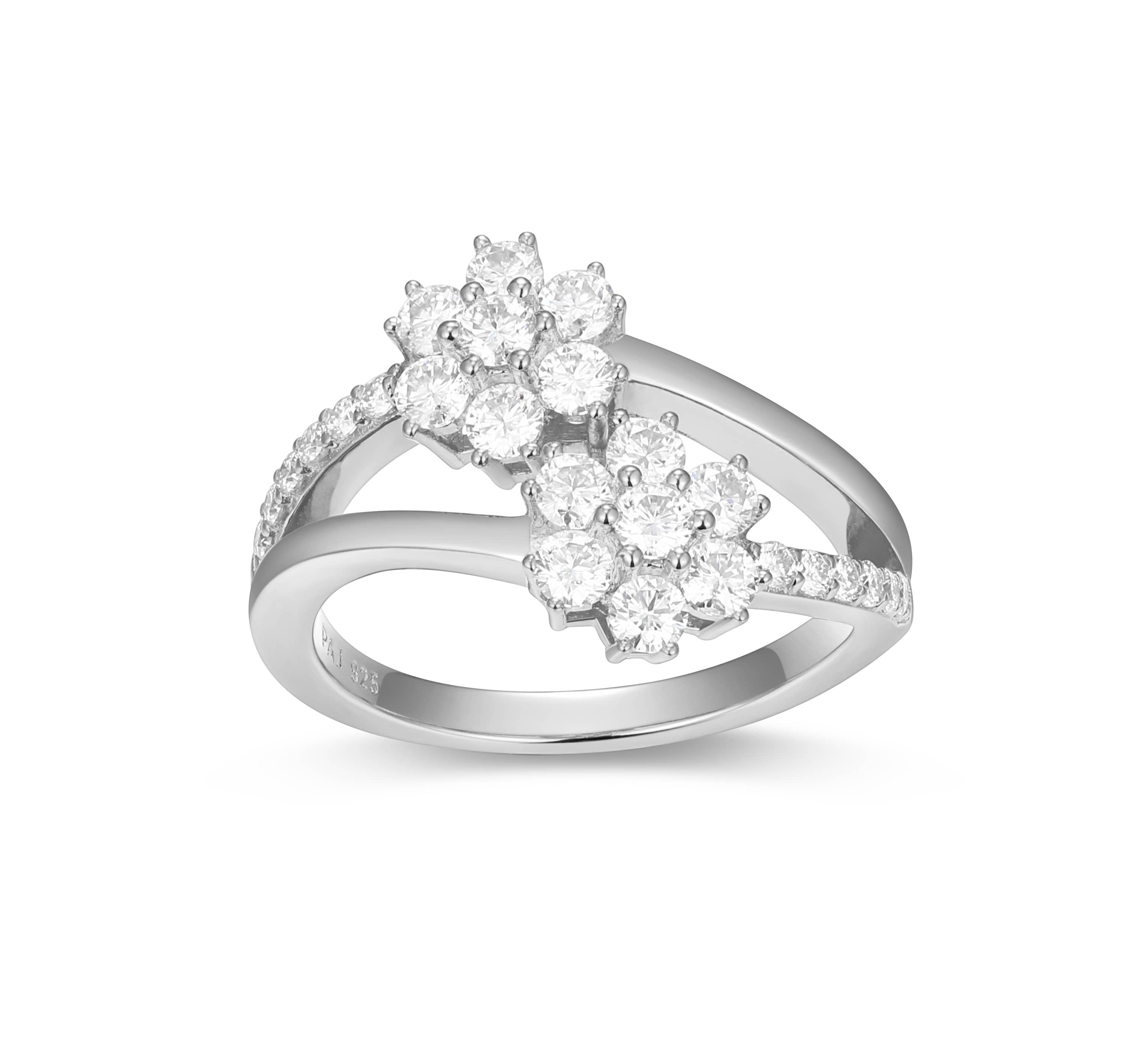 18K Yellow Gold or Rhodium Plated Sterling Silver Moissanite Double Flower Ring