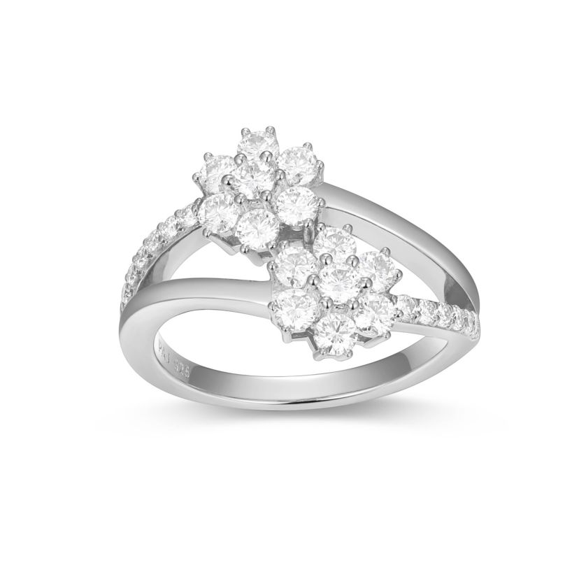 18K Yellow Gold or Rhodium Plated Sterling Silver Moissanite Double Flower Ring